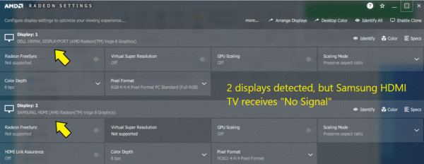 Dual displays detected, but "No Signal" on the TV