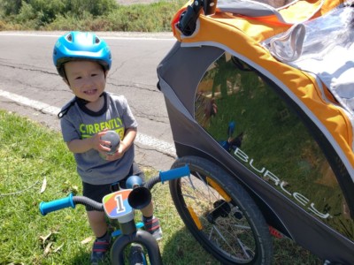 Chillafish Balance Bike with Burley D'Lite 2-Seat Bike Trailer. Age: 2 years 6 months