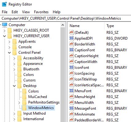 Windows Registry: HCU WindowMetrics key
