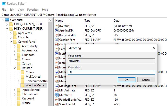 Windows Registry setting controlling taskbar button width