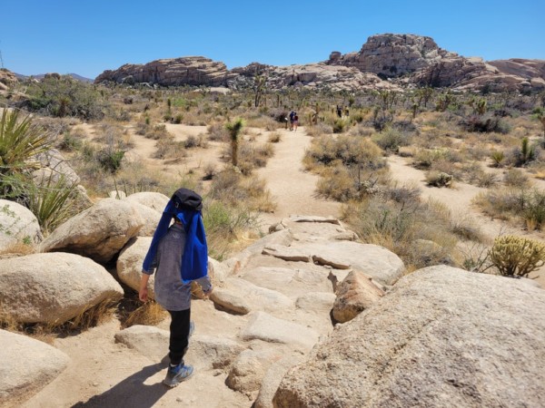 Mesh tucked under cap for full-face cooling in Joshua Tree National Park. Son loved it!