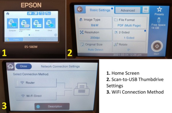 Touch Screen: Home, Scan Settings, WiFi Connection Method