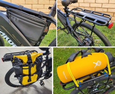 Yttao Storage Bag, Enex Rear Rack, Rhinowalk Pannier Bag, Hydro Flask, Ball Bungees