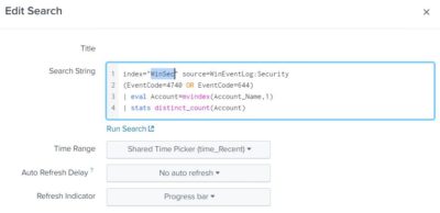 Splunk Dashboard - Panel: Edit Search