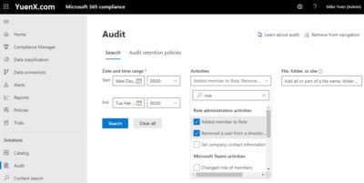 Audit Role Changes (Microsoft 365 Compliance Center)