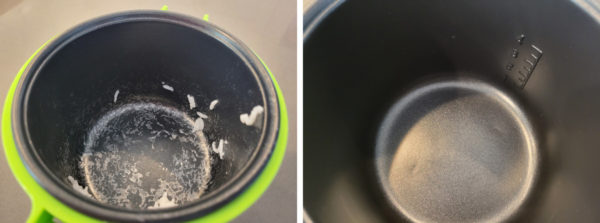 Left: Emptied pot. Right: Wiped pot (clean)