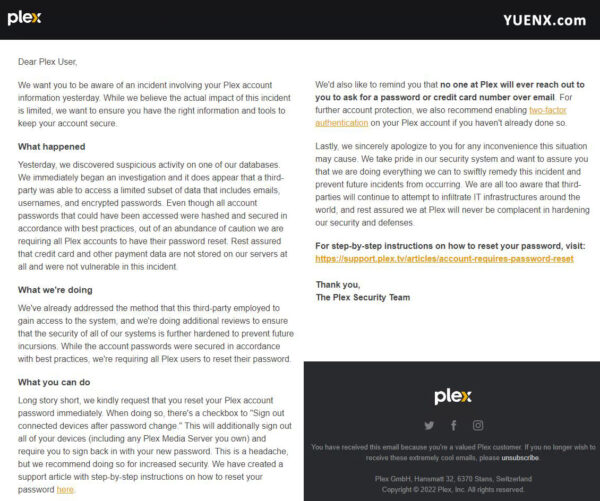 Plex Database Breach Notification Email