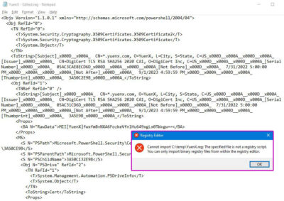 Registry XML Export (PowerShell) and Import Error